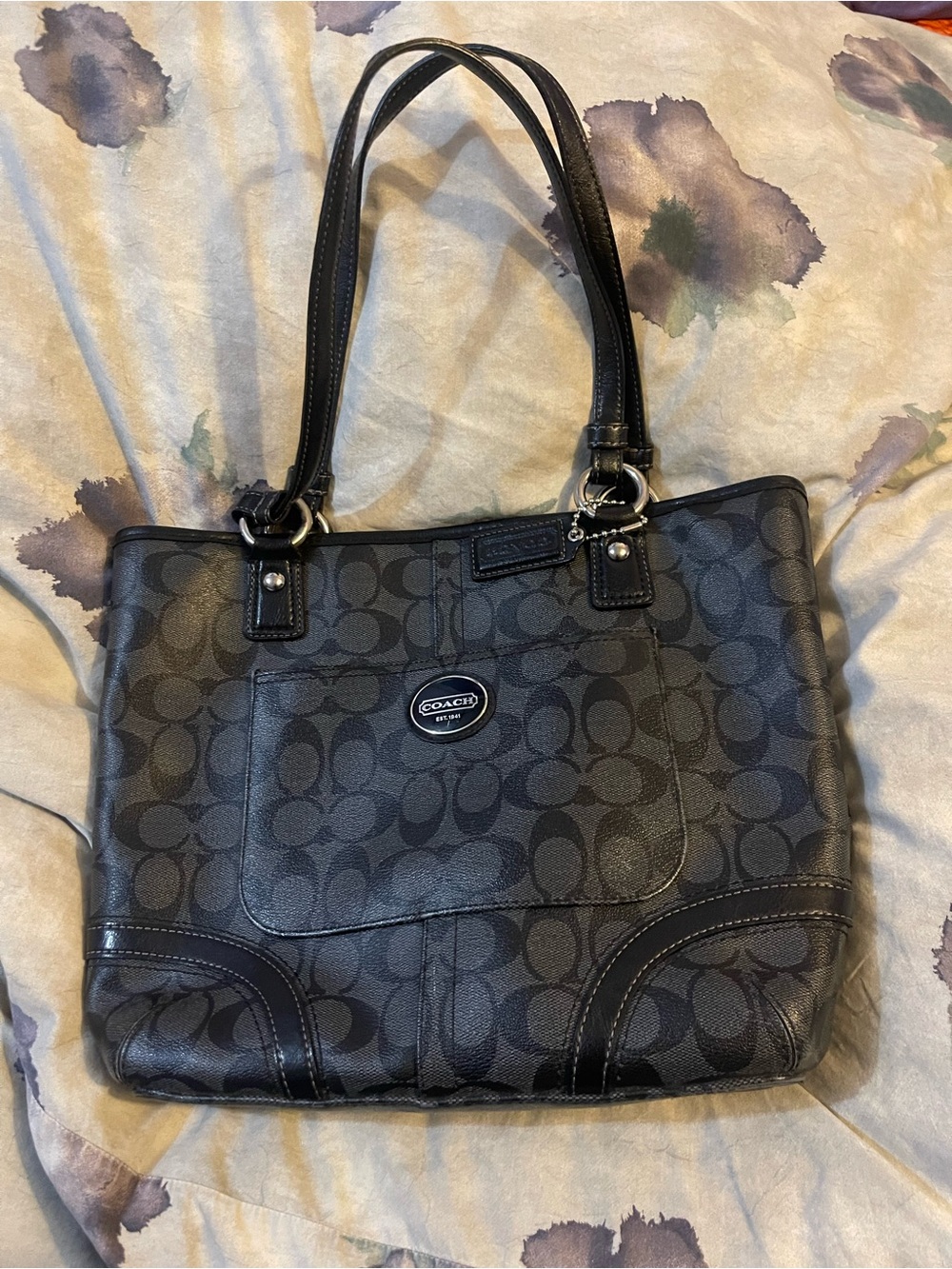 Coach Black Signature Tote with Leather Trim